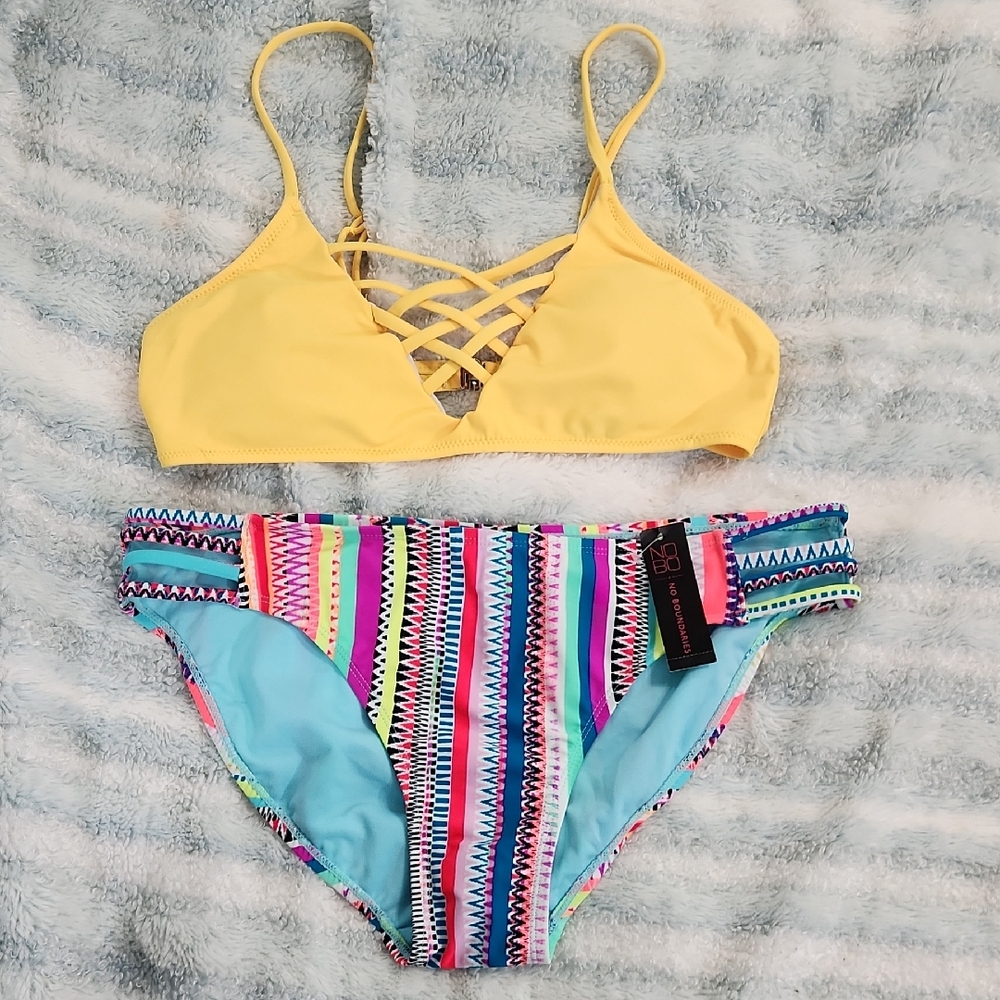 Yellow Bikini Top with Colorful Striped Bottom